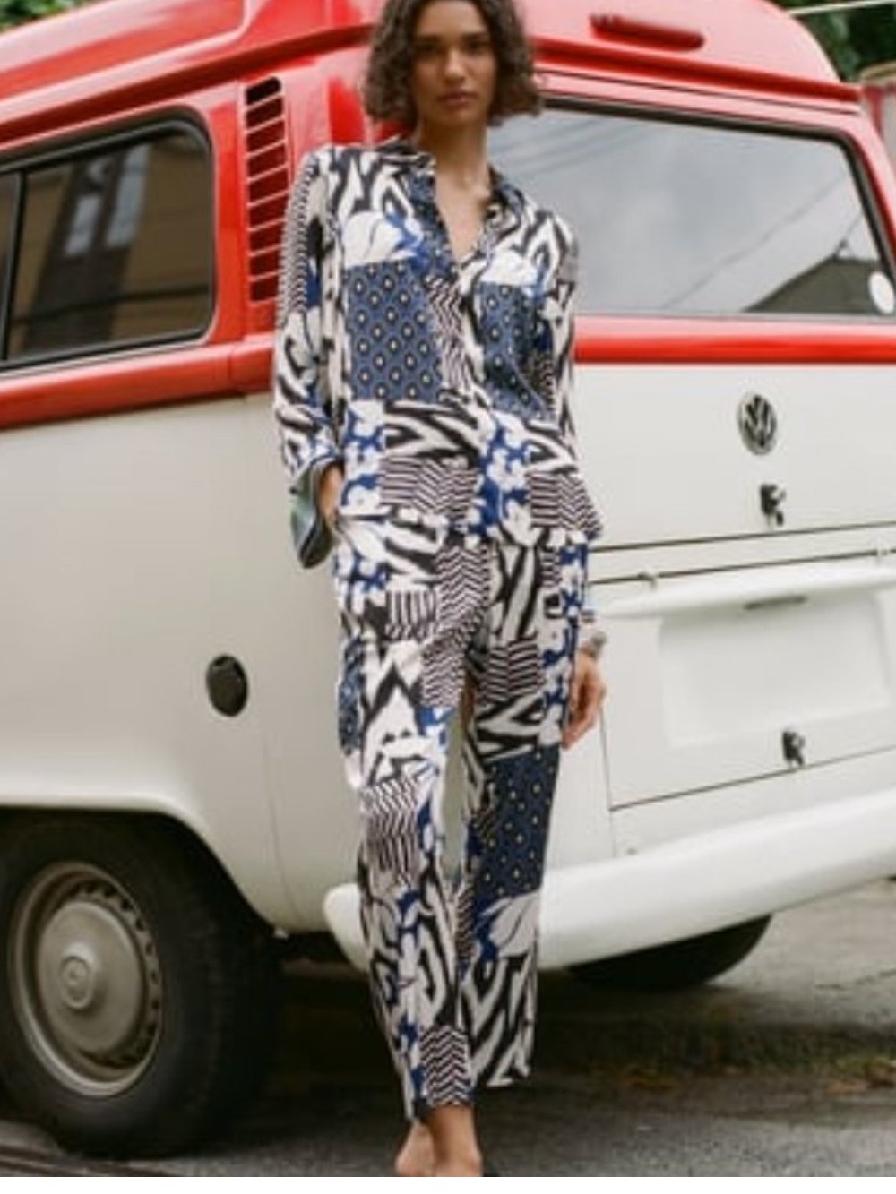 Zara Black and Blue Mixed Print Blouse and Pant Set